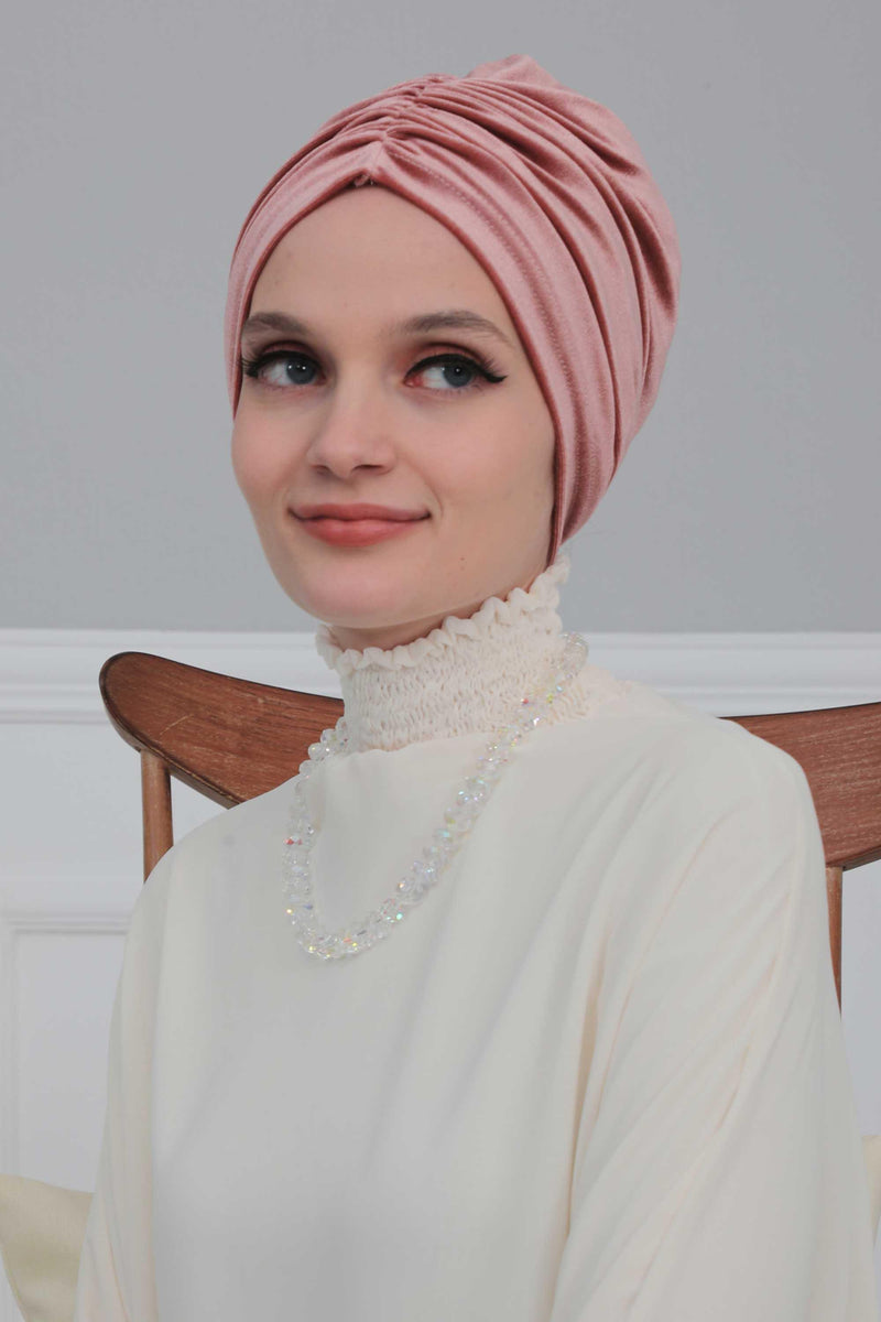 Elegant Velvet Shirred Instant Turban for Women, Luxurious Velour Instant Headwrap, Fashionable Pre-Tied Hijab Turban Cap for Women,B-20K Dusty Rose