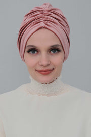 Elegant Velvet Shirred Instant Turban for Women, Luxurious Velour Instant Headwrap, Fashionable Pre-Tied Hijab Turban Cap for Women,B-20K Dusty Rose