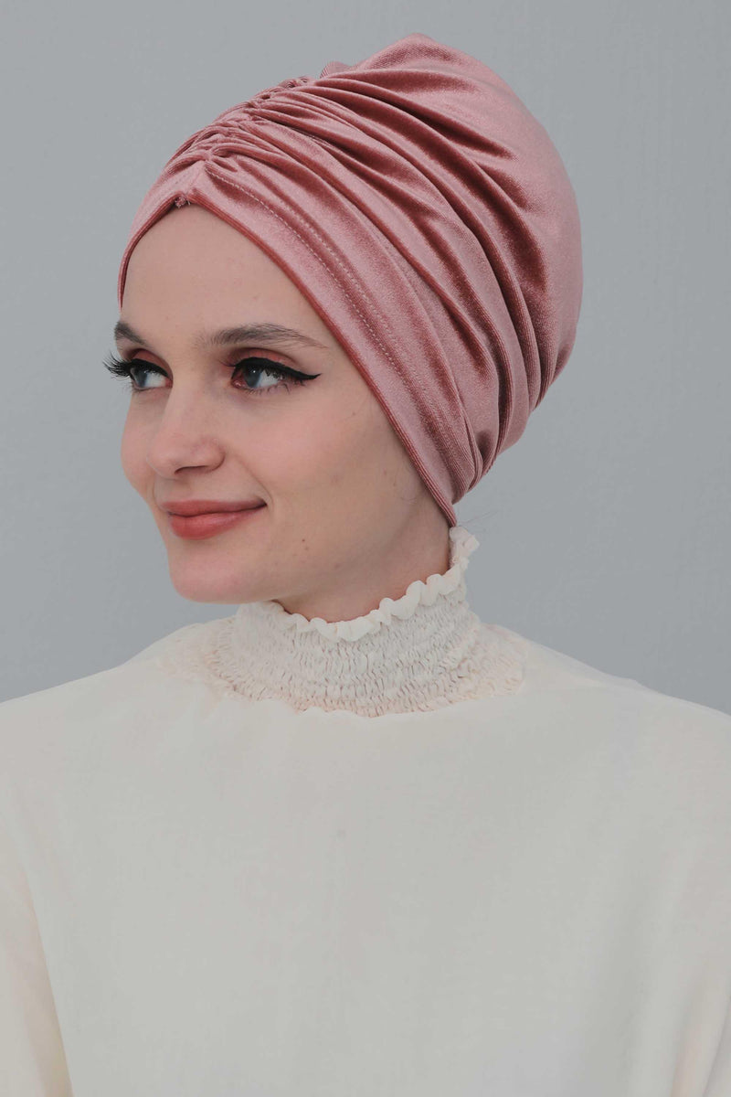 Elegant Velvet Shirred Instant Turban for Women, Luxurious Velour Instant Headwrap, Fashionable Pre-Tied Hijab Turban Cap for Women,B-20K Dusty Rose
