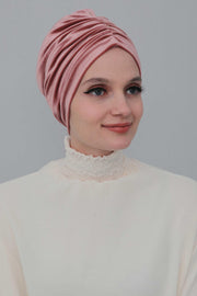 Elegant Velvet Shirred Instant Turban for Women, Luxurious Velour Instant Headwrap, Fashionable Pre-Tied Hijab Turban Cap for Women,B-20K Dusty Rose