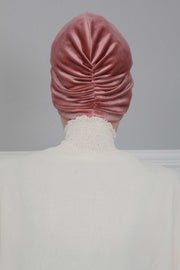 Elegant Velvet Shirred Instant Turban for Women, Luxurious Velour Instant Headwrap, Fashionable Pre-Tied Hijab Turban Cap for Women,B-20K Dusty Rose