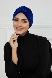 Elegant Velvet Shirred Instant Turban for Women, Luxurious Velour Instant Headwrap, Fashionable Pre-Tied Hijab Turban Cap for Women,B-20K Sax Blue