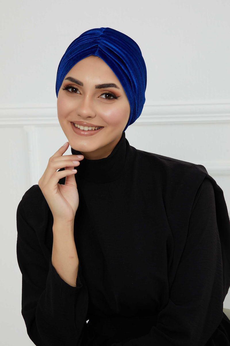 Elegant Velvet Shirred Instant Turban for Women, Luxurious Velour Instant Headwrap, Fashionable Pre-Tied Hijab Turban Cap for Women,B-20K Sax Blue