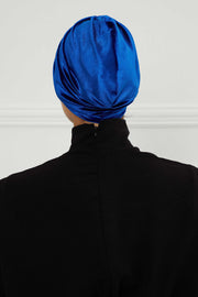 Elegant Velvet Shirred Instant Turban for Women, Luxurious Velour Instant Headwrap, Fashionable Pre-Tied Hijab Turban Cap for Women,B-20K Sax Blue