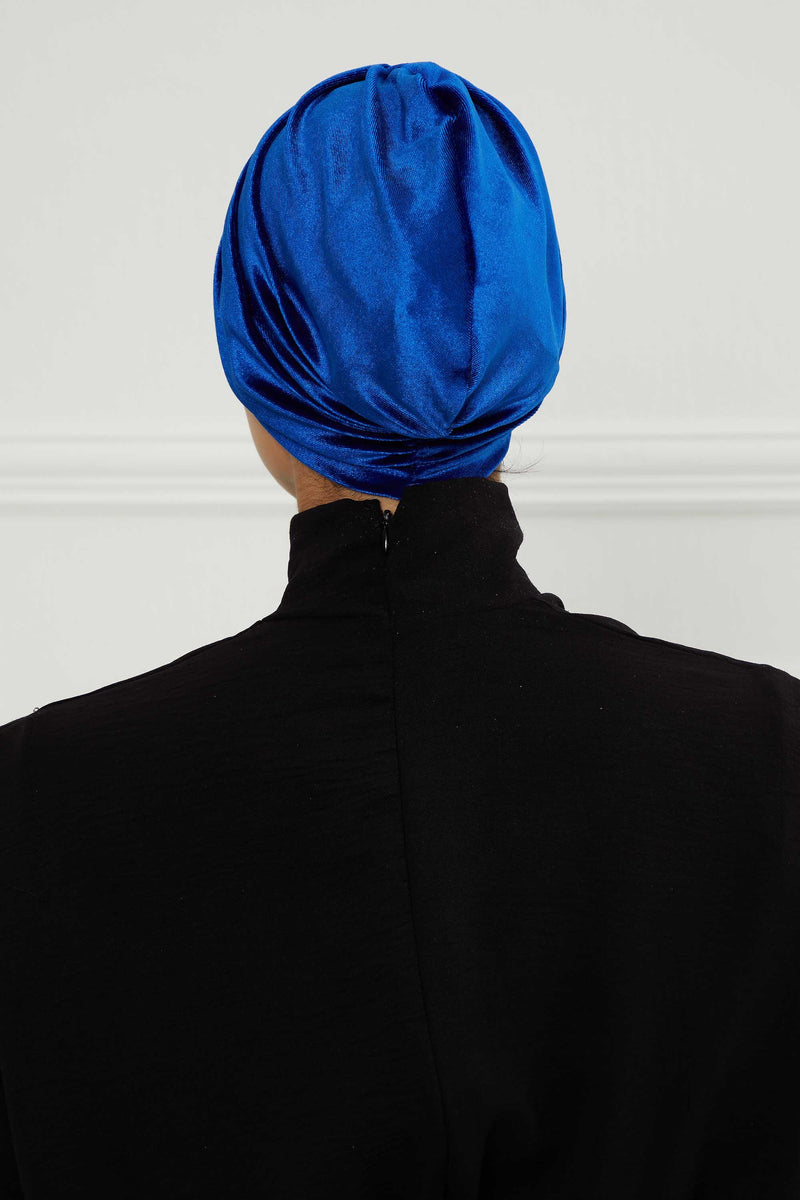 Elegant Velvet Shirred Instant Turban for Women, Luxurious Velour Instant Headwrap, Fashionable Pre-Tied Hijab Turban Cap for Women,B-20K Sax Blue