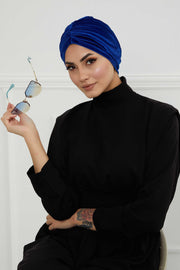 Elegant Velvet Shirred Instant Turban for Women, Luxurious Velour Instant Headwrap, Fashionable Pre-Tied Hijab Turban Cap for Women,B-20K Sax Blue