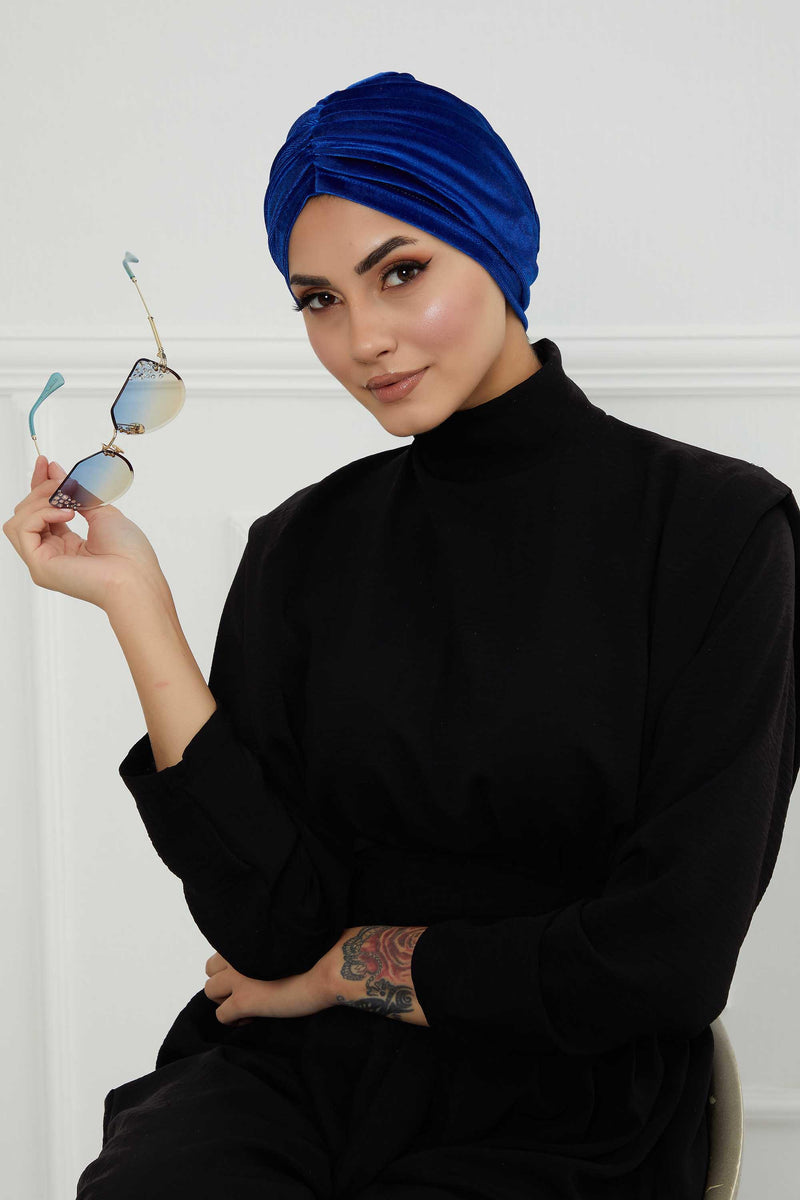 Elegant Velvet Shirred Instant Turban for Women, Luxurious Velour Instant Headwrap, Fashionable Pre-Tied Hijab Turban Cap for Women,B-20K Sax Blue