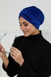 Elegant Velvet Shirred Instant Turban for Women, Luxurious Velour Instant Headwrap, Fashionable Pre-Tied Hijab Turban Cap for Women,B-20K Sax Blue
