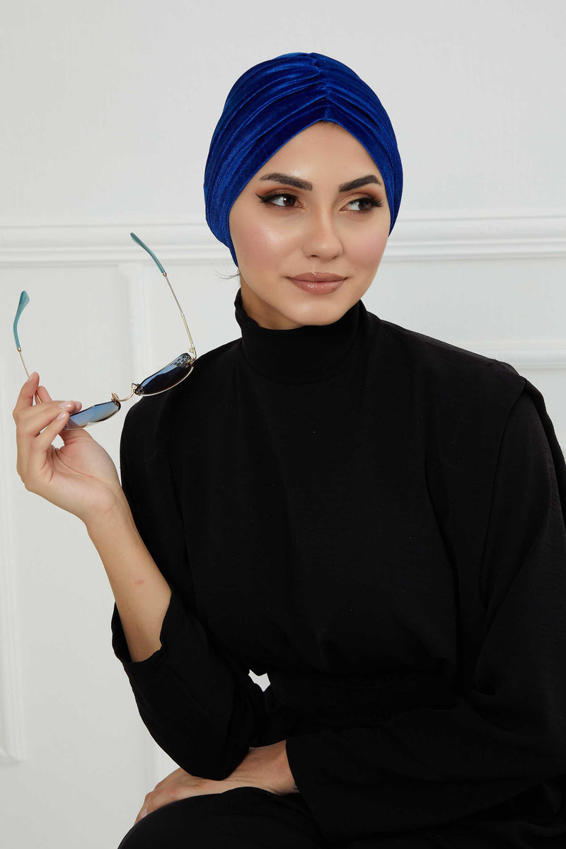 Elegant Velvet Shirred Instant Turban for Women, Luxurious Velour Instant Headwrap, Fashionable Pre-Tied Hijab Turban Cap for Women,B-20K Sax Blue