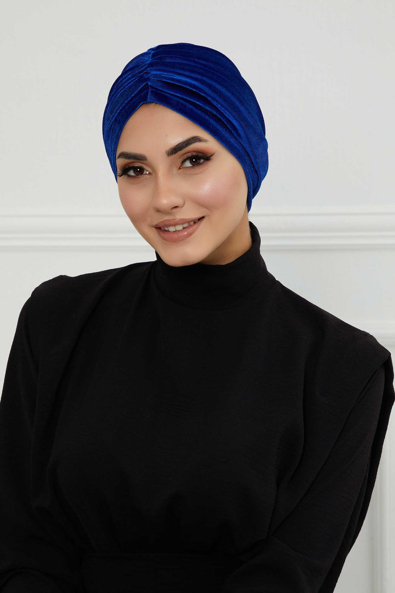 Elegant Velvet Shirred Instant Turban for Women, Luxurious Velour Instant Headwrap, Fashionable Pre-Tied Hijab Turban Cap for Women,B-20K Sax Blue