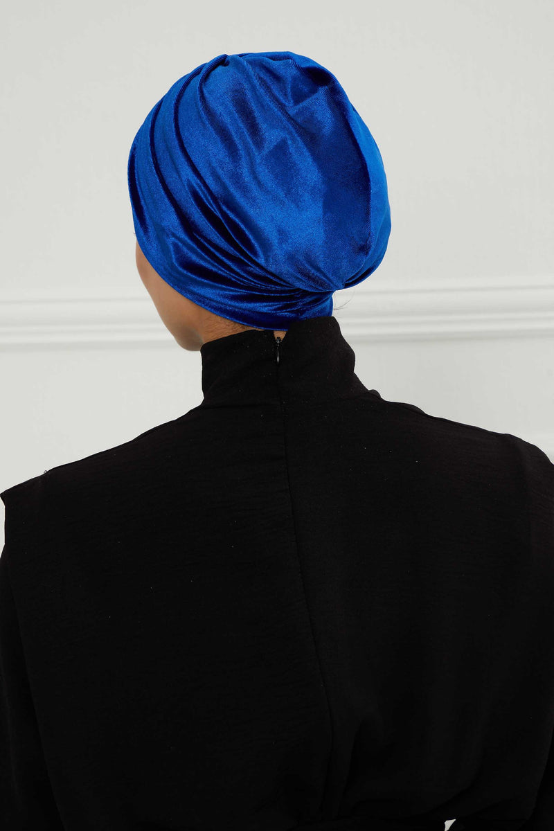 Elegant Velvet Shirred Instant Turban for Women, Luxurious Velour Instant Headwrap, Fashionable Pre-Tied Hijab Turban Cap for Women,B-20K Sax Blue