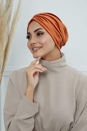 Elegant Velvet Shirred Instant Turban for Women, Luxurious Velour Instant Headwrap, Fashionable Pre-Tied Hijab Turban Cap for Women,B-20K Tile Red