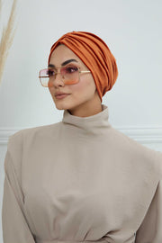 Elegant Velvet Shirred Instant Turban for Women, Luxurious Velour Instant Headwrap, Fashionable Pre-Tied Hijab Turban Cap for Women,B-20K Tile Red