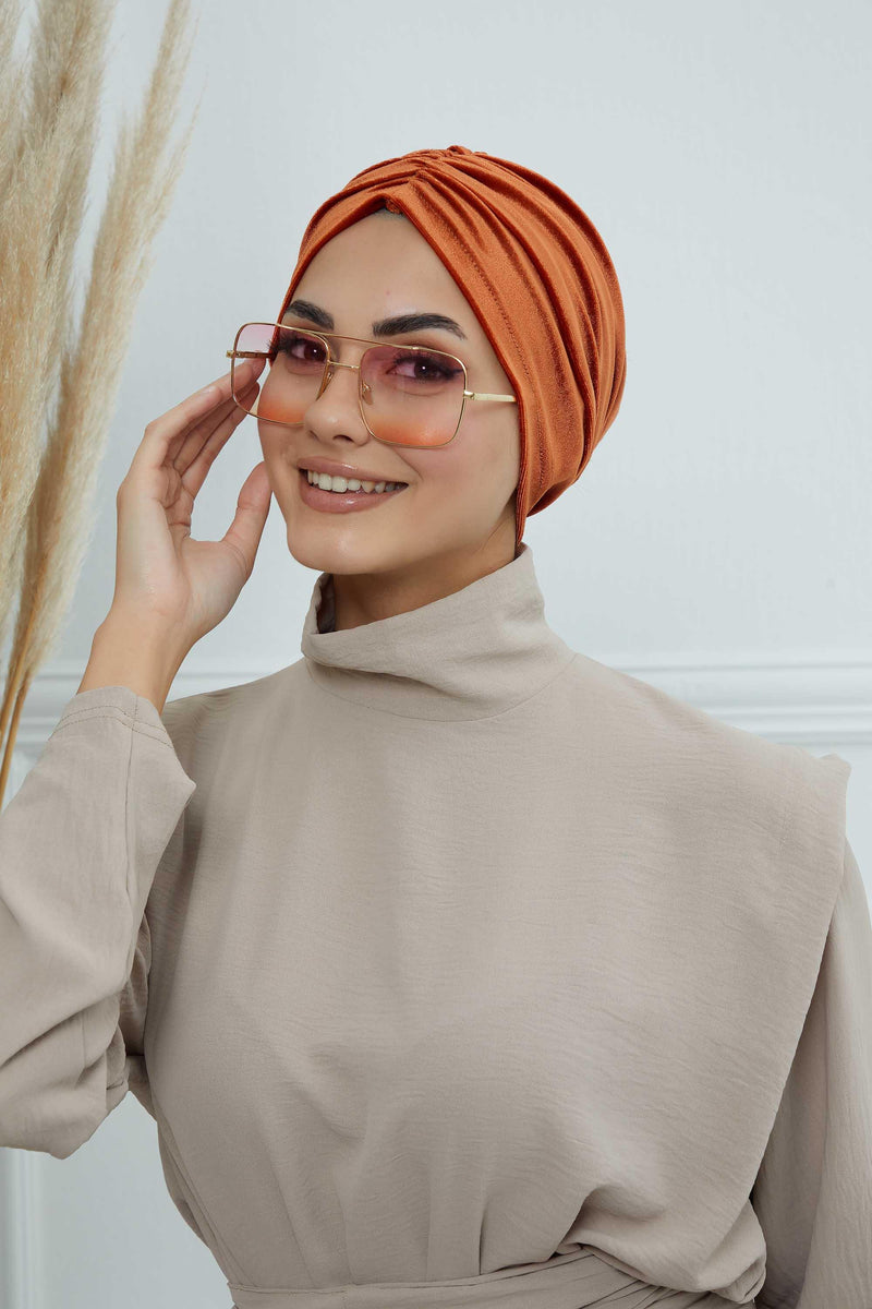 Elegant Velvet Shirred Instant Turban for Women, Luxurious Velour Instant Headwrap, Fashionable Pre-Tied Hijab Turban Cap for Women,B-20K Tile Red