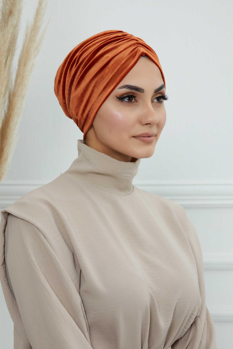 Elegant Velvet Shirred Instant Turban for Women, Luxurious Velour Instant Headwrap, Fashionable Pre-Tied Hijab Turban Cap for Women,B-20K Tile Red