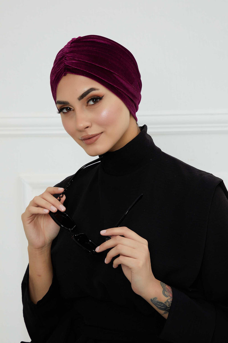 Elegant Velvet Shirred Instant Turban for Women, Luxurious Velour Instant Headwrap, Fashionable Pre-Tied Hijab Turban Cap for Women,B-20K Purple