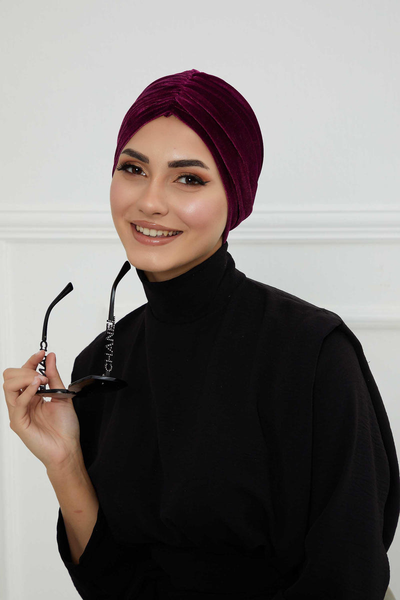 Elegant Velvet Shirred Instant Turban for Women, Luxurious Velour Instant Headwrap, Fashionable Pre-Tied Hijab Turban Cap for Women,B-20K Purple