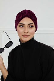 Elegant Velvet Shirred Instant Turban for Women, Luxurious Velour Instant Headwrap, Fashionable Pre-Tied Hijab Turban Cap for Women,B-20K Purple