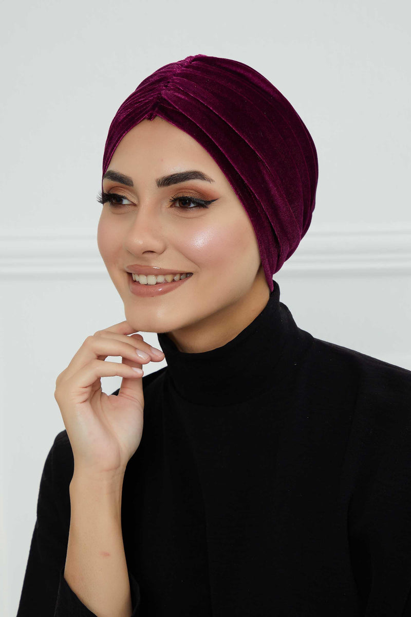 Elegant Velvet Shirred Instant Turban for Women, Luxurious Velour Instant Headwrap, Fashionable Pre-Tied Hijab Turban Cap for Women,B-20K Purple