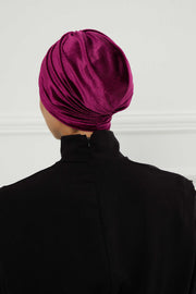 Elegant Velvet Shirred Instant Turban for Women, Luxurious Velour Instant Headwrap, Fashionable Pre-Tied Hijab Turban Cap for Women,B-20K Purple