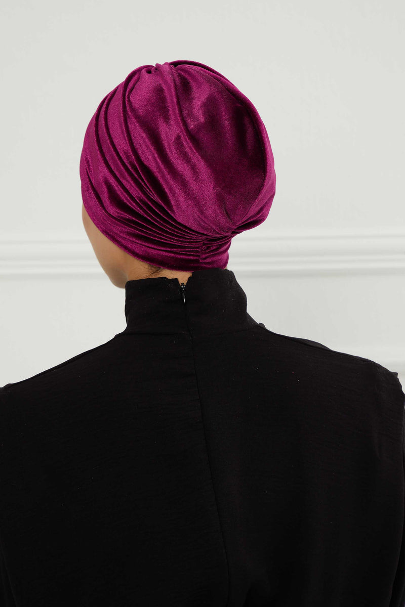 Elegant Velvet Shirred Instant Turban for Women, Luxurious Velour Instant Headwrap, Fashionable Pre-Tied Hijab Turban Cap for Women,B-20K Purple