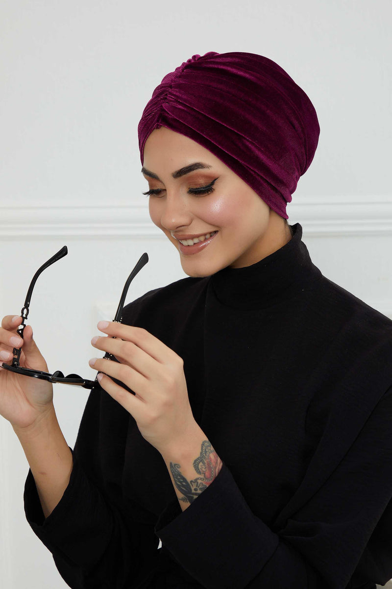 Elegant Velvet Shirred Instant Turban for Women, Luxurious Velour Instant Headwrap, Fashionable Pre-Tied Hijab Turban Cap for Women,B-20K Purple