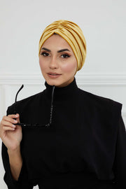 Elegant Velvet Shirred Instant Turban for Women, Luxurious Velour Instant Headwrap, Fashionable Pre-Tied Hijab Turban Cap for Women,B-20K Mustard Yellow
