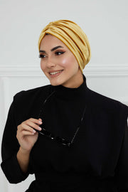 Elegant Velvet Shirred Instant Turban for Women, Luxurious Velour Instant Headwrap, Fashionable Pre-Tied Hijab Turban Cap for Women,B-20K Mustard Yellow