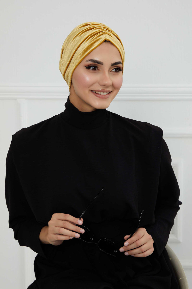 Elegant Velvet Shirred Instant Turban for Women, Luxurious Velour Instant Headwrap, Fashionable Pre-Tied Hijab Turban Cap for Women,B-20K Mustard Yellow