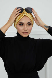 Elegant Velvet Shirred Instant Turban for Women, Luxurious Velour Instant Headwrap, Fashionable Pre-Tied Hijab Turban Cap for Women,B-20K Mustard Yellow