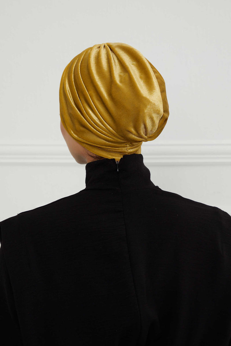 Elegant Velvet Shirred Instant Turban for Women, Luxurious Velour Instant Headwrap, Fashionable Pre-Tied Hijab Turban Cap for Women,B-20K Mustard Yellow