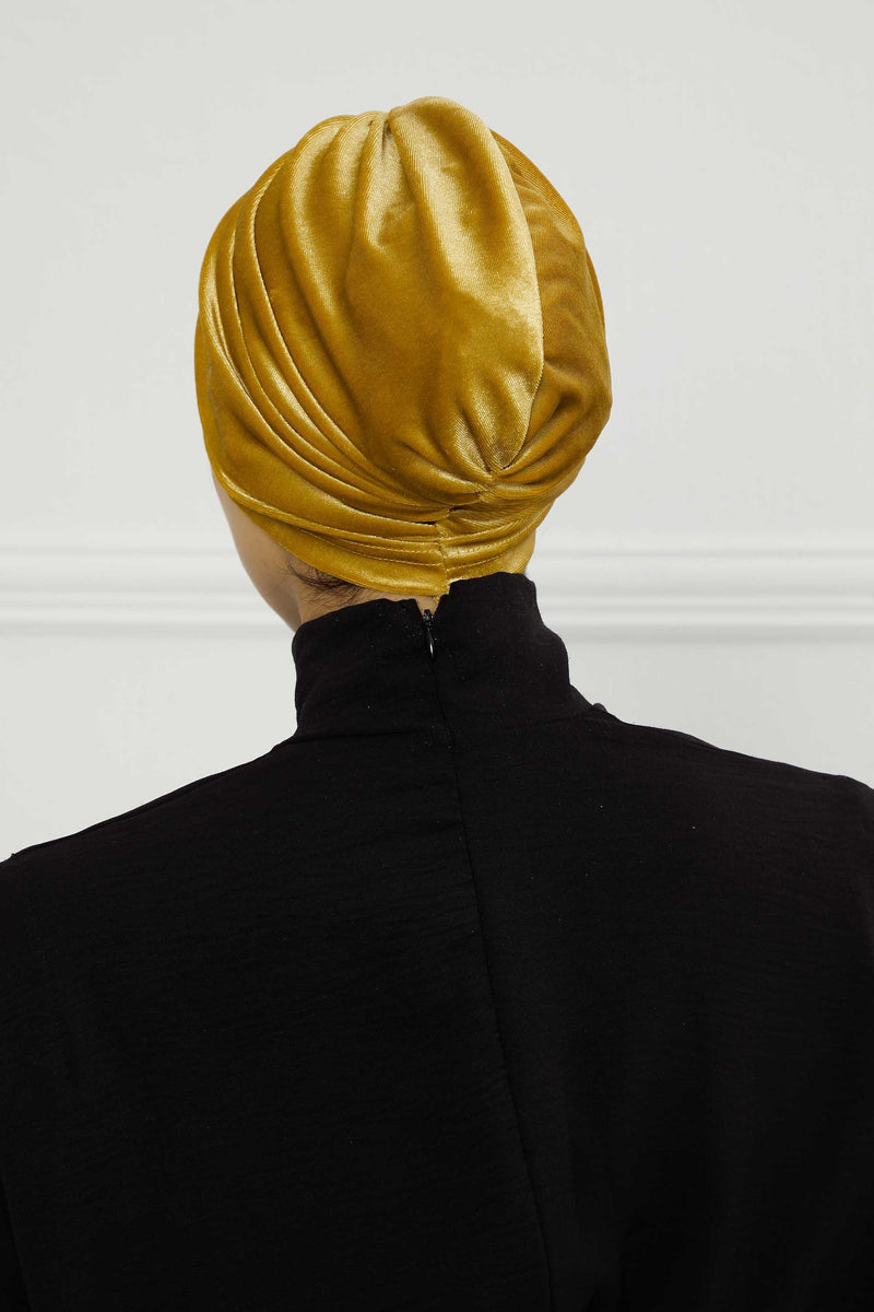 Elegant Velvet Shirred Instant Turban for Women, Luxurious Velour Instant Headwrap, Fashionable Pre-Tied Hijab Turban Cap for Women,B-20K Mustard Yellow