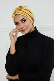 Elegant Velvet Shirred Instant Turban for Women, Luxurious Velour Instant Headwrap, Fashionable Pre-Tied Hijab Turban Cap for Women,B-20K Mustard Yellow