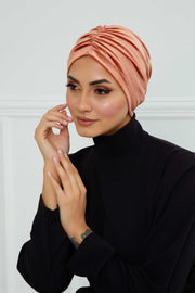 Elegant Velvet Shirred Instant Turban for Women, Luxurious Velour Instant Headwrap, Fashionable Pre-Tied Hijab Turban Cap for Women,B-20K Salmon