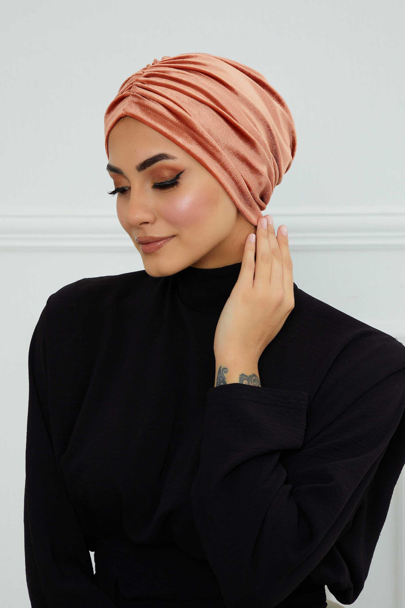 Elegant Velvet Shirred Instant Turban for Women, Luxurious Velour Instant Headwrap, Fashionable Pre-Tied Hijab Turban Cap for Women,B-20K Salmon