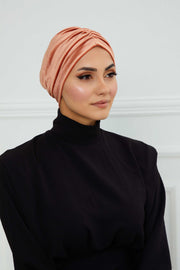 Elegant Velvet Shirred Instant Turban for Women, Luxurious Velour Instant Headwrap, Fashionable Pre-Tied Hijab Turban Cap for Women,B-20K Salmon