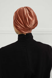 Elegant Velvet Shirred Instant Turban for Women, Luxurious Velour Instant Headwrap, Fashionable Pre-Tied Hijab Turban Cap for Women,B-20K Salmon
