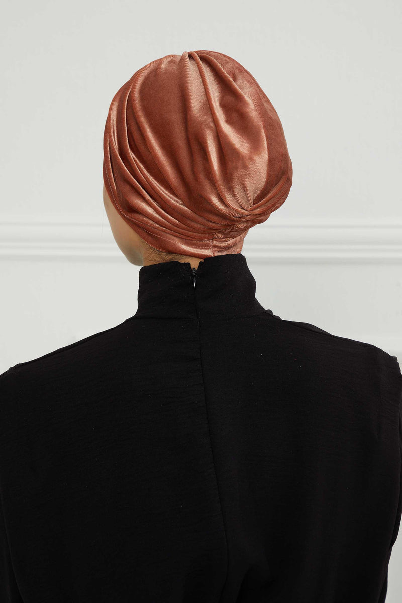 Elegant Velvet Shirred Instant Turban for Women, Luxurious Velour Instant Headwrap, Fashionable Pre-Tied Hijab Turban Cap for Women,B-20K Salmon