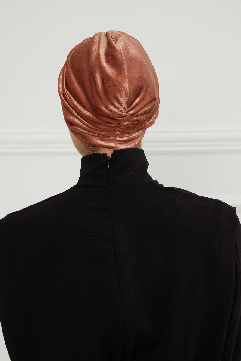 Elegant Velvet Shirred Instant Turban for Women, Luxurious Velour Instant Headwrap, Fashionable Pre-Tied Hijab Turban Cap for Women,B-20K Salmon