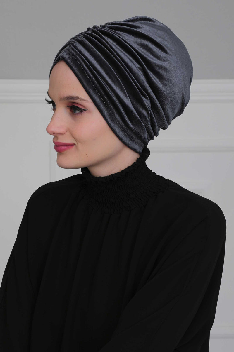 Elegant Velvet Shirred Instant Turban for Women, Luxurious Velour Instant Headwrap, Fashionable Pre-Tied Hijab Turban Cap for Women,B-20K Anthracite