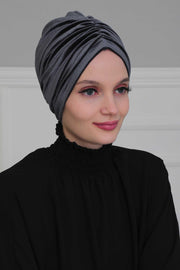 Elegant Velvet Shirred Instant Turban for Women, Luxurious Velour Instant Headwrap, Fashionable Pre-Tied Hijab Turban Cap for Women,B-20K Anthracite