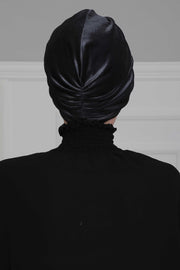 Elegant Velvet Shirred Instant Turban for Women, Luxurious Velour Instant Headwrap, Fashionable Pre-Tied Hijab Turban Cap for Women,B-20K Anthracite
