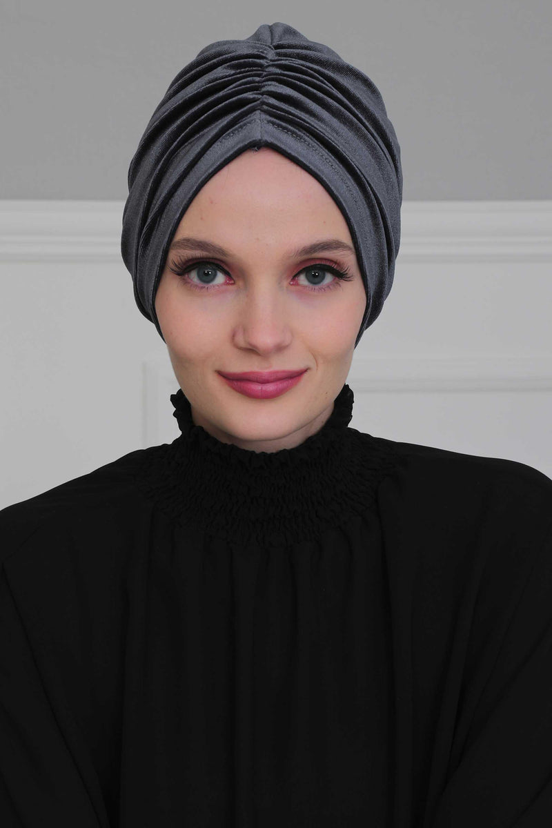 Elegant Velvet Shirred Instant Turban for Women, Luxurious Velour Instant Headwrap, Fashionable Pre-Tied Hijab Turban Cap for Women,B-20K Anthracite