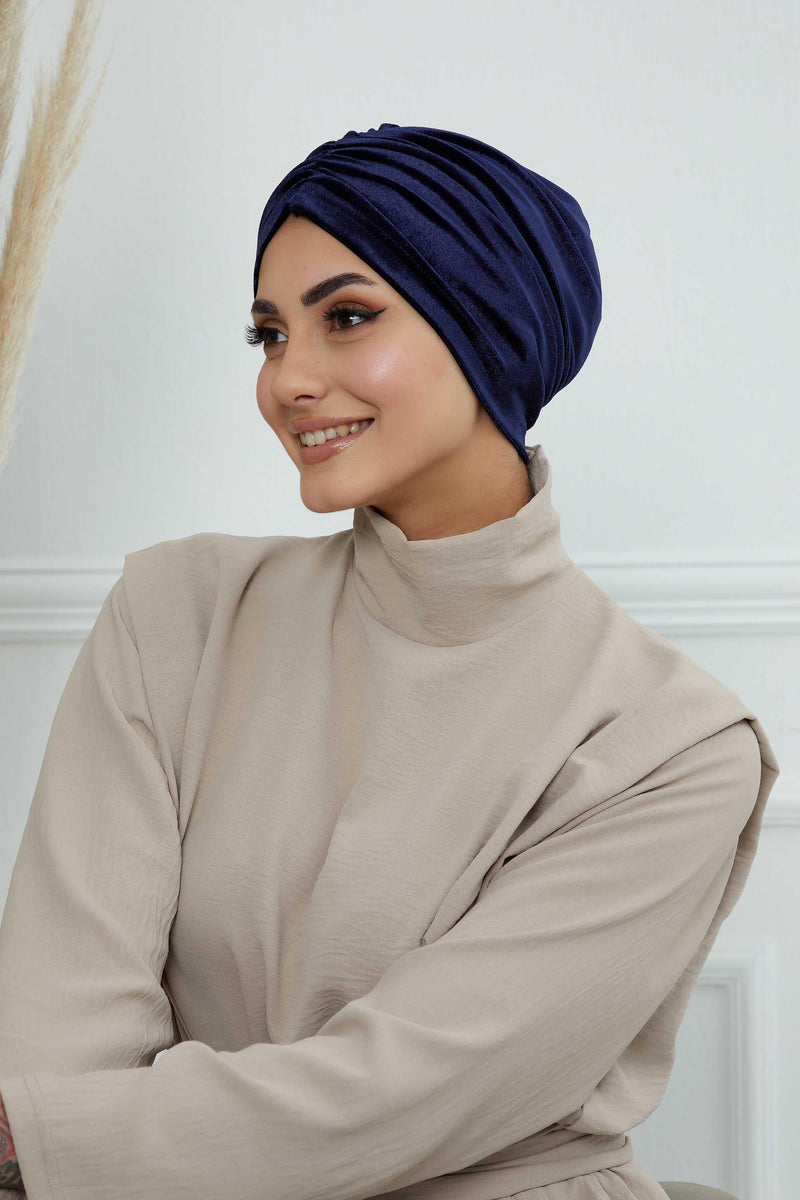 Elegant Velvet Shirred Instant Turban for Women, Luxurious Velour Instant Headwrap, Fashionable Pre-Tied Hijab Turban Cap for Women,B-20K Navy Blue