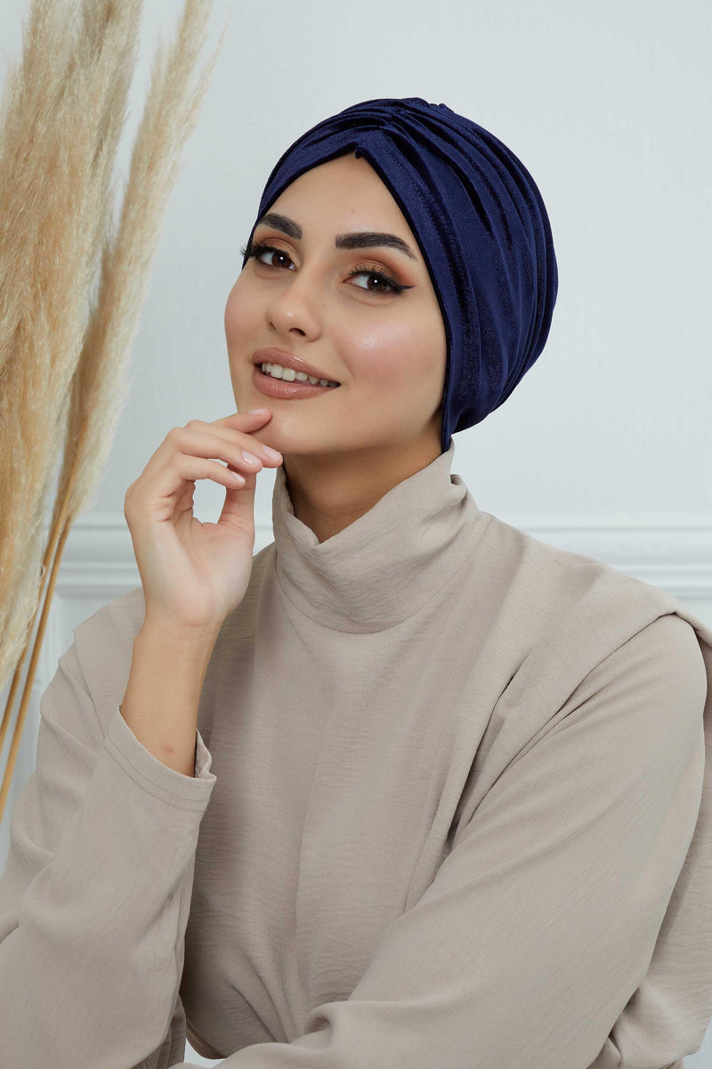 Elegant Velvet Shirred Instant Turban for Women, Luxurious Velour Instant Headwrap, Fashionable Pre-Tied Hijab Turban Cap for Women,B-20K Navy Blue