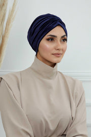 Elegant Velvet Shirred Instant Turban for Women, Luxurious Velour Instant Headwrap, Fashionable Pre-Tied Hijab Turban Cap for Women,B-20K Navy Blue