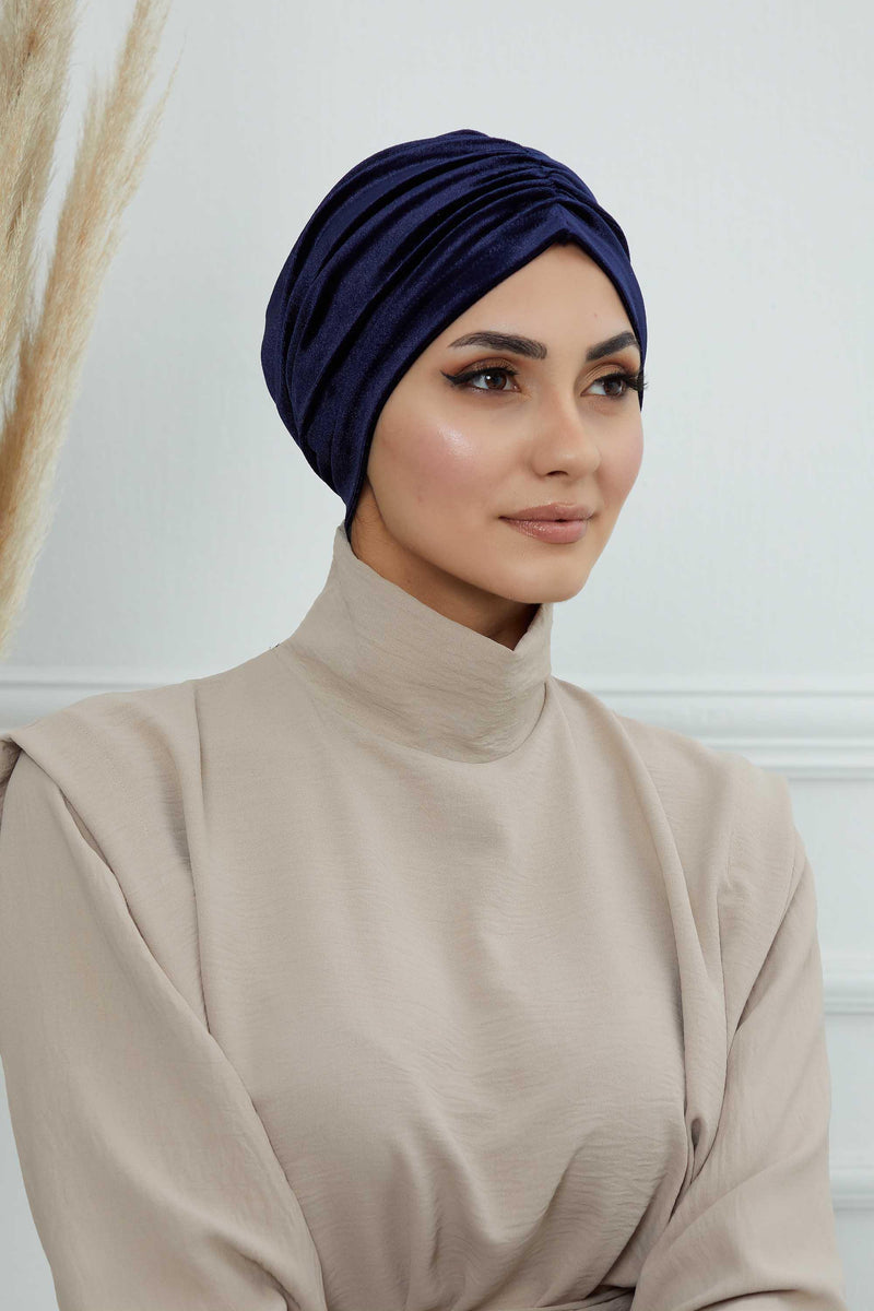 Elegant Velvet Shirred Instant Turban for Women, Luxurious Velour Instant Headwrap, Fashionable Pre-Tied Hijab Turban Cap for Women,B-20K Navy Blue