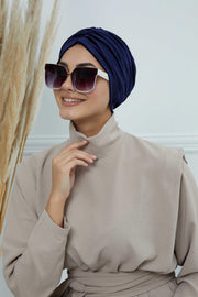 Elegant Velvet Shirred Instant Turban for Women, Luxurious Velour Instant Headwrap, Fashionable Pre-Tied Hijab Turban Cap for Women,B-20K Navy Blue