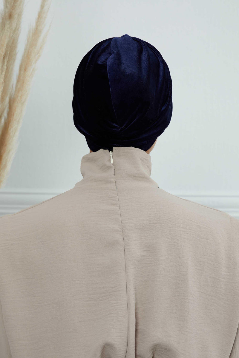 Elegant Velvet Shirred Instant Turban for Women, Luxurious Velour Instant Headwrap, Fashionable Pre-Tied Hijab Turban Cap for Women,B-20K Navy Blue