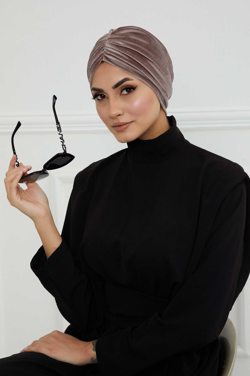 Elegant Velvet Shirred Instant Turban for Women, Luxurious Velour Instant Headwrap, Fashionable Pre-Tied Hijab Turban Cap for Women,B-20K Mink